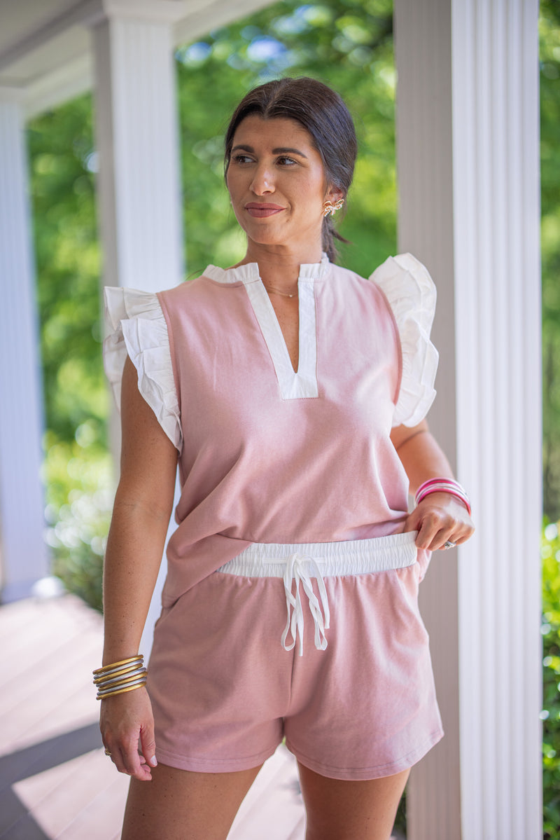 pink linen ruffle matching shorts set