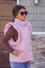 mauve pink ruffle quilted puffer vest