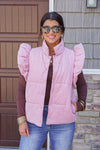 mauve pink ruffle quilted puffer vest