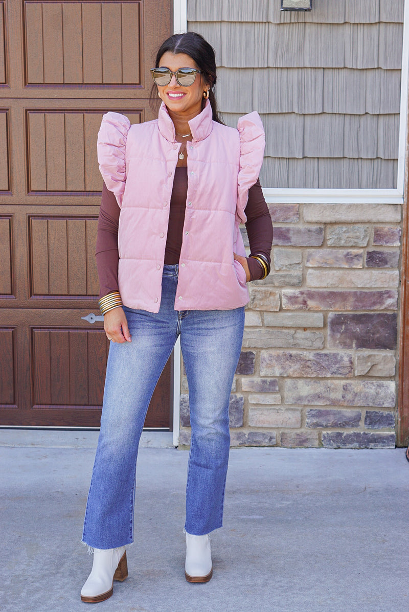 mauve pink ruffle quilted puffer vest