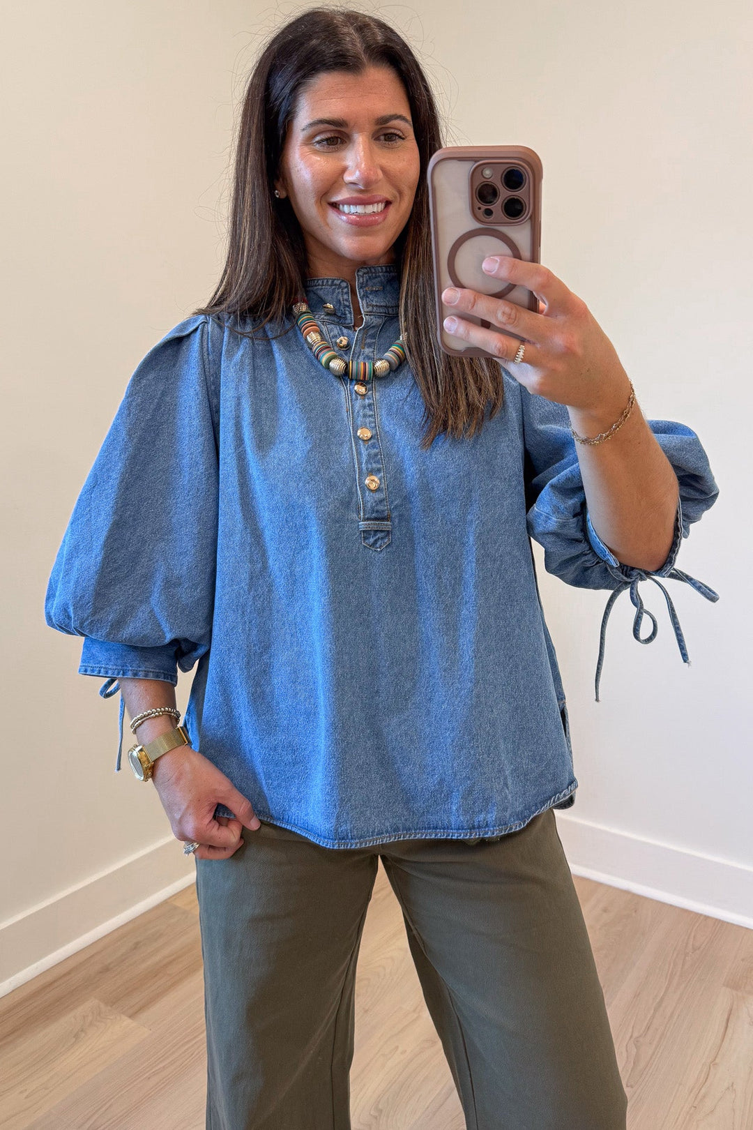 solid medium blue denim button front bodice 3/4 length puff sleeve top