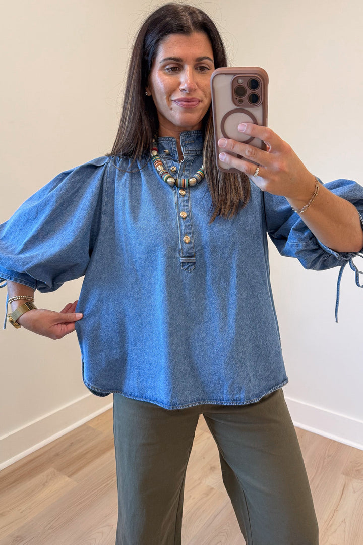 solid medium blue denim button front bodice 3/4 length puff sleeve relaxed silhouette top