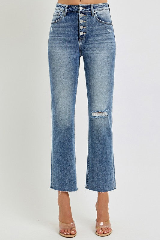 Risen Jeans high rise raw hem cropped button front jeans in medium wash