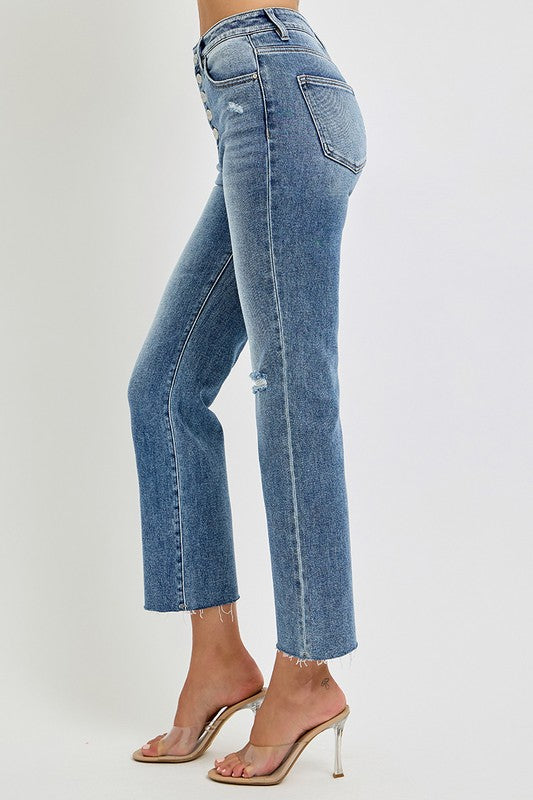 Risen Jeans high rise raw hem cropped button front jeans in medium wash