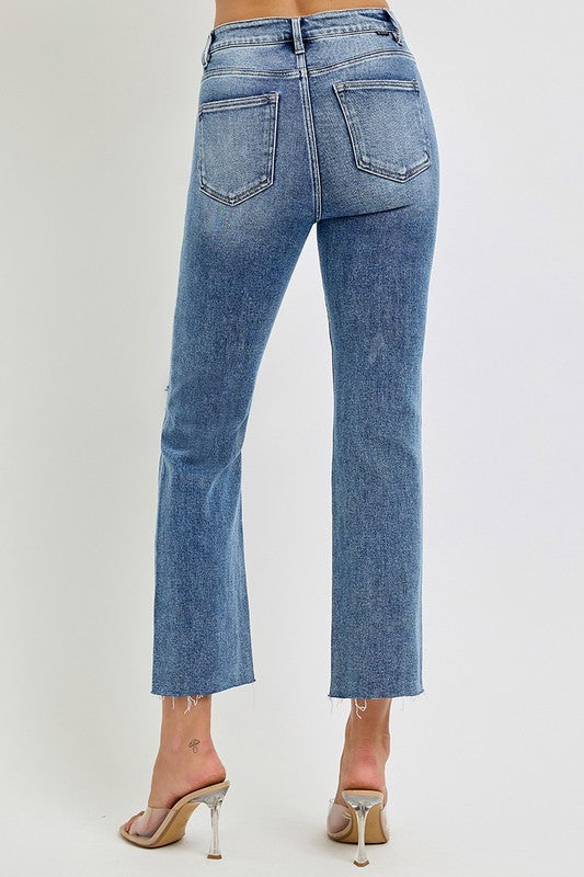 Risen Jeans high rise raw hem cropped button front jeans in medium wash