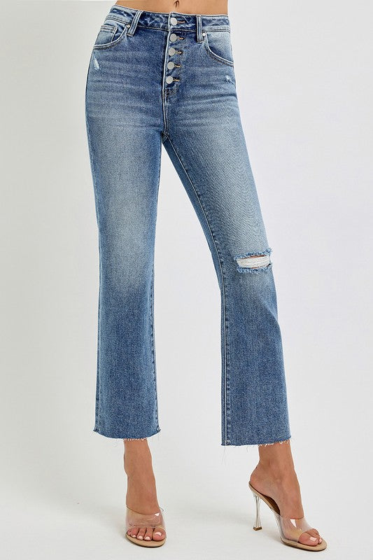 Risen Jeans high rise raw hem cropped button front jeans in medium wash