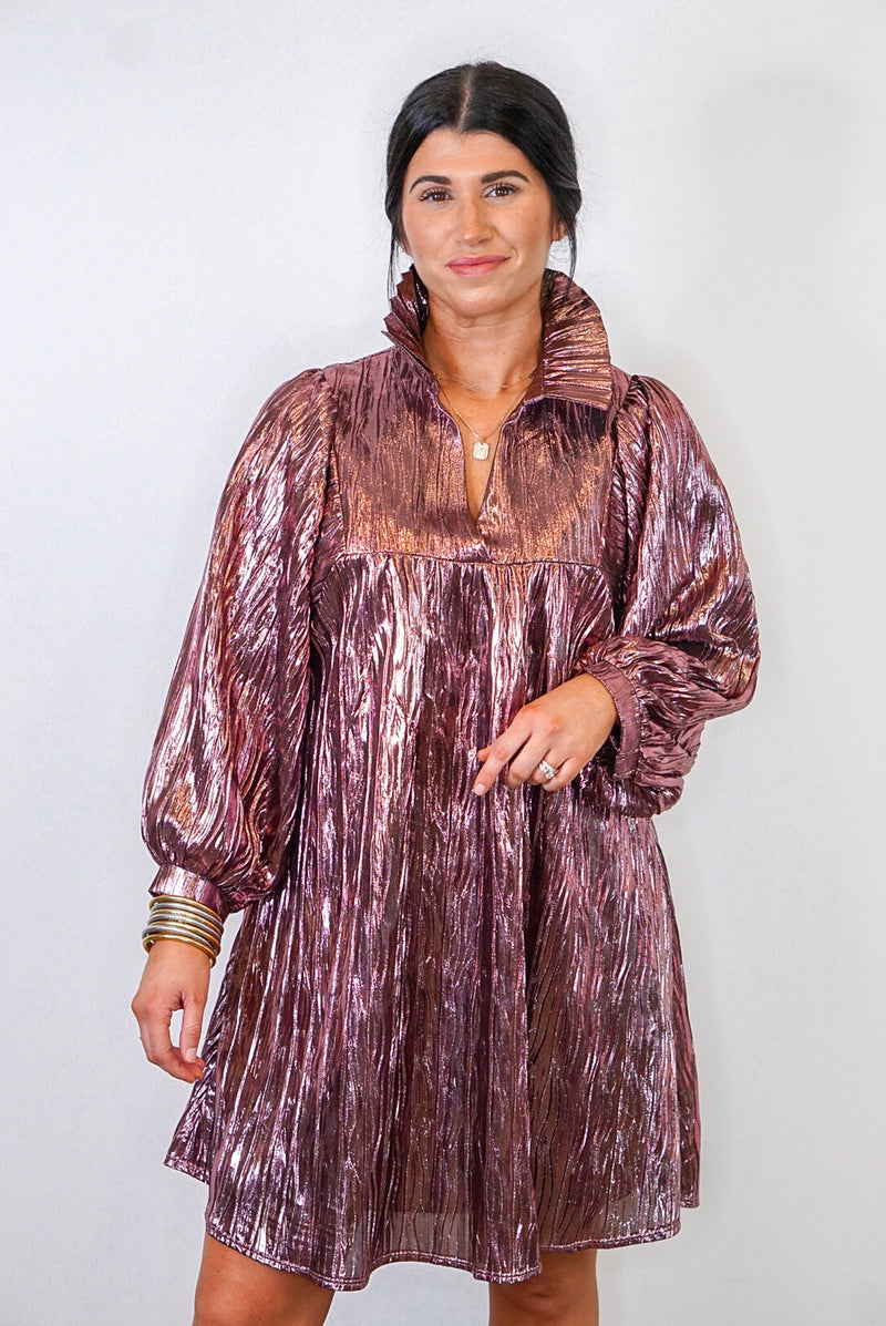 metallic mauve babydoll dress