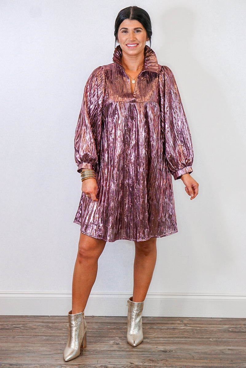 metallic mauve babydoll dress