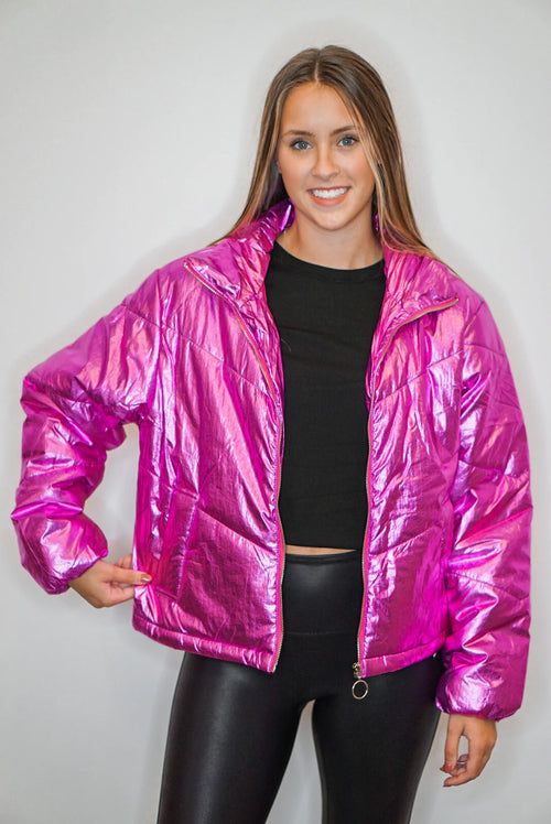 pink metallic puffer jacket