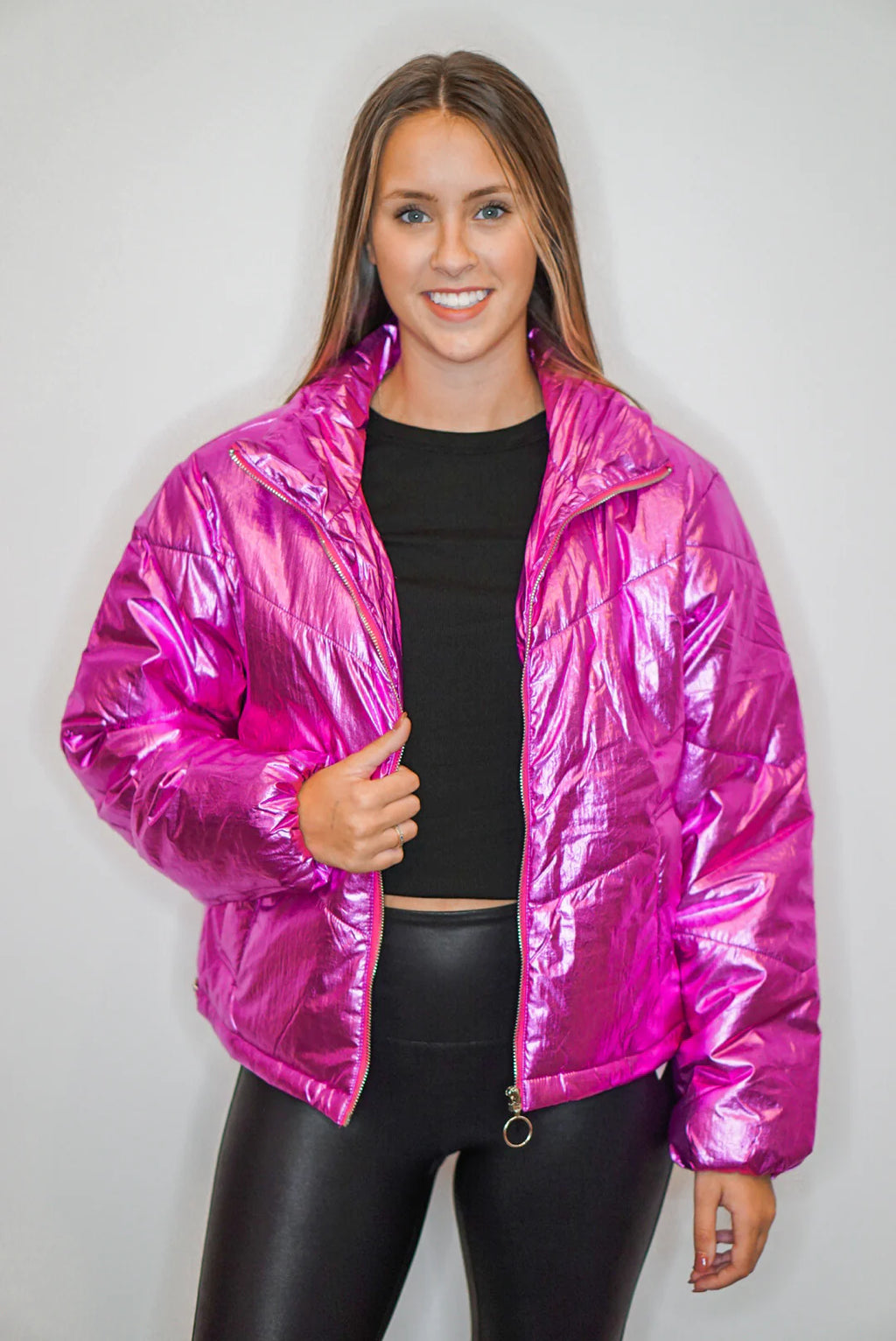 pink metallic puffer jacket