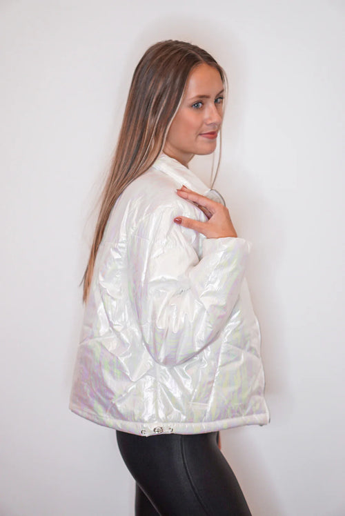 white metallic puffer jacket