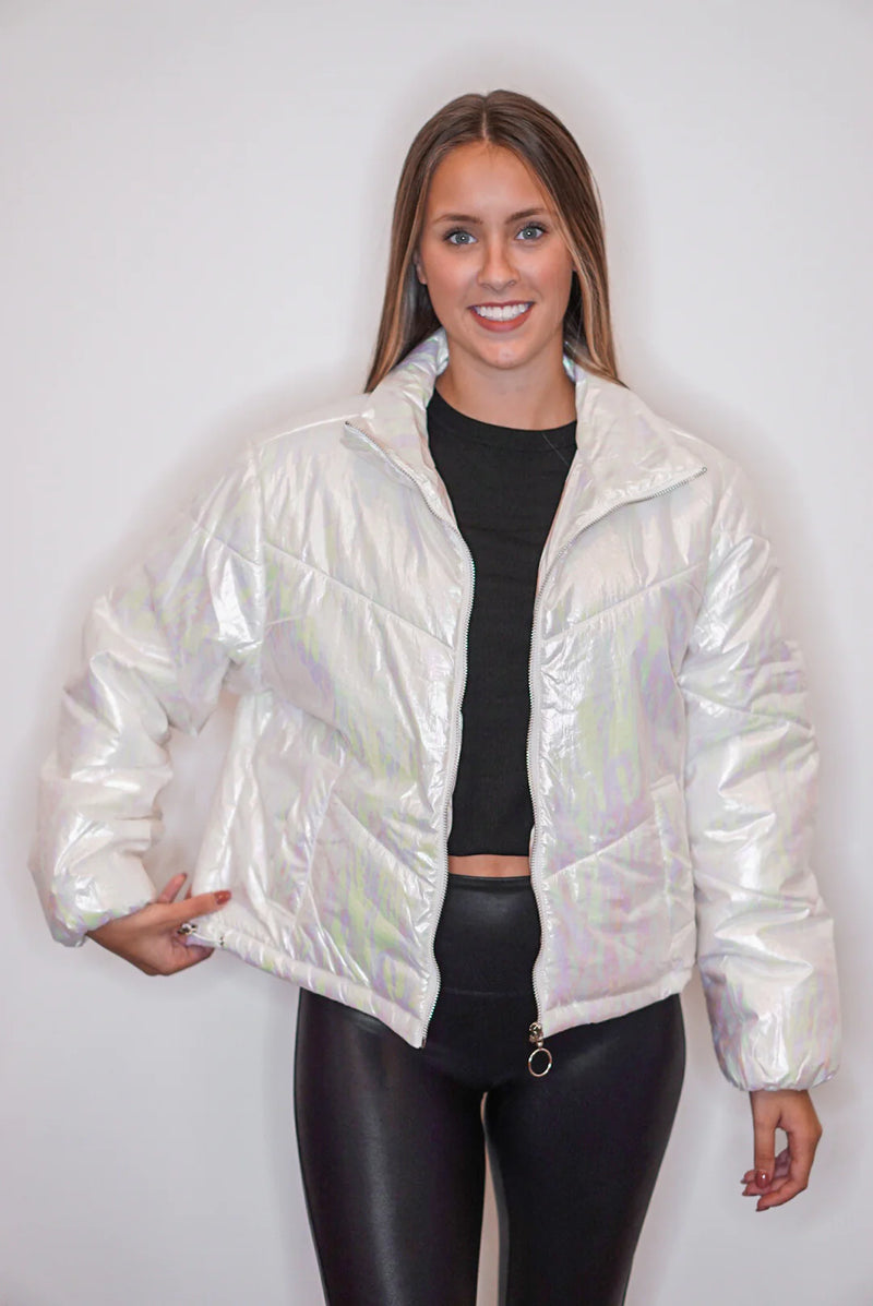 white metallic puffer jacket