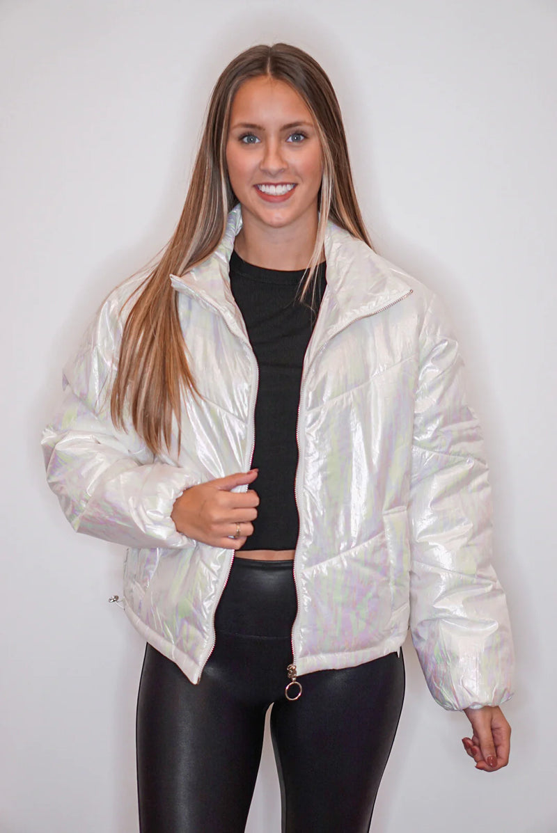 white metallic puffer jacket