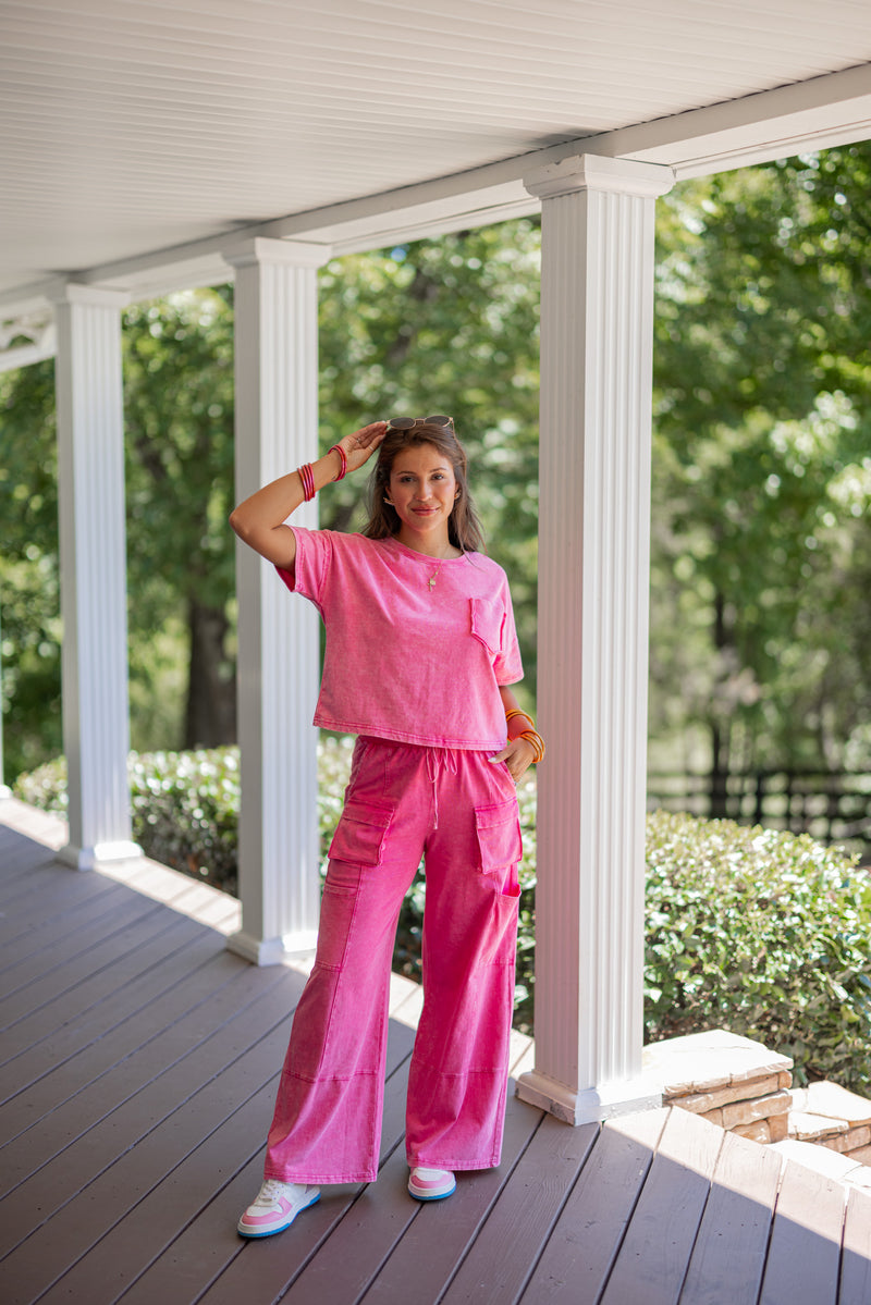 wide leg pink cargo lounge pant