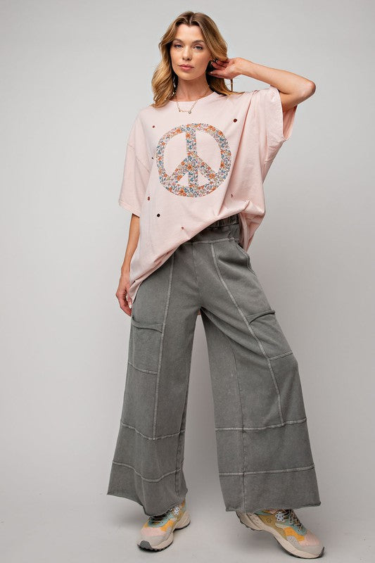 Easel French terry knit wide leg pants in mineral washed ash grey