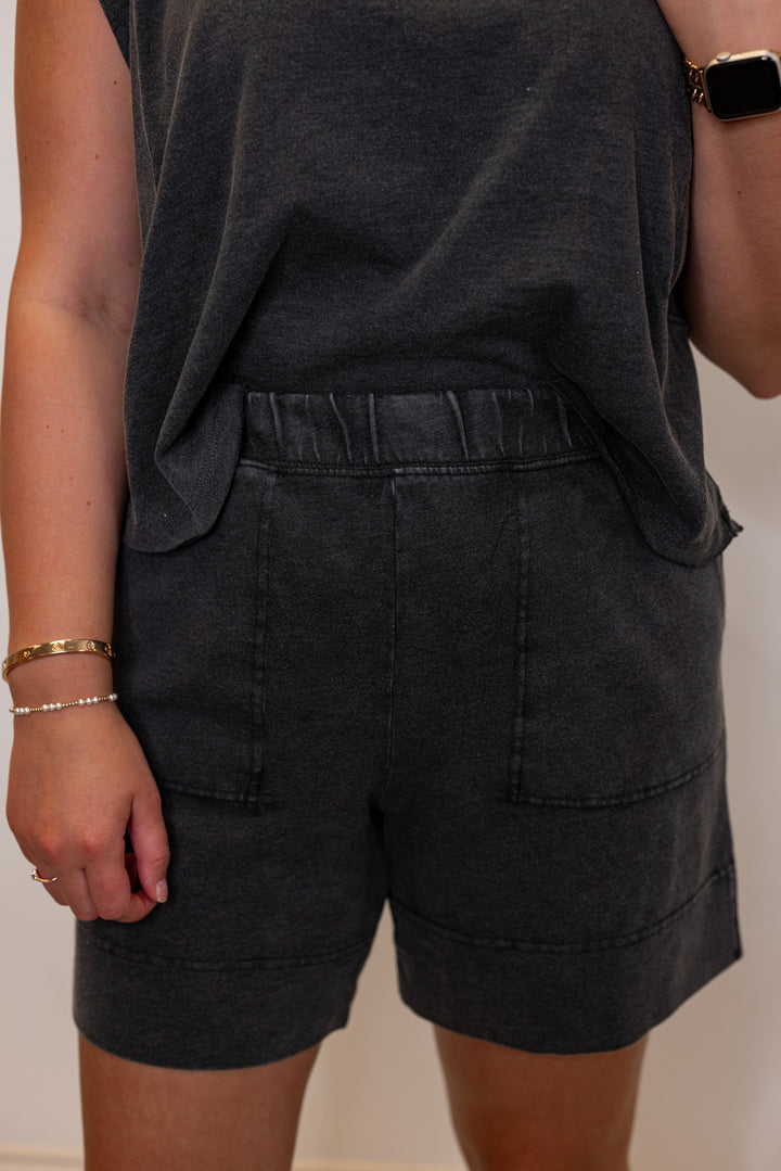 Women's mineral washed black knit elastic waist shorts by Rae Mode