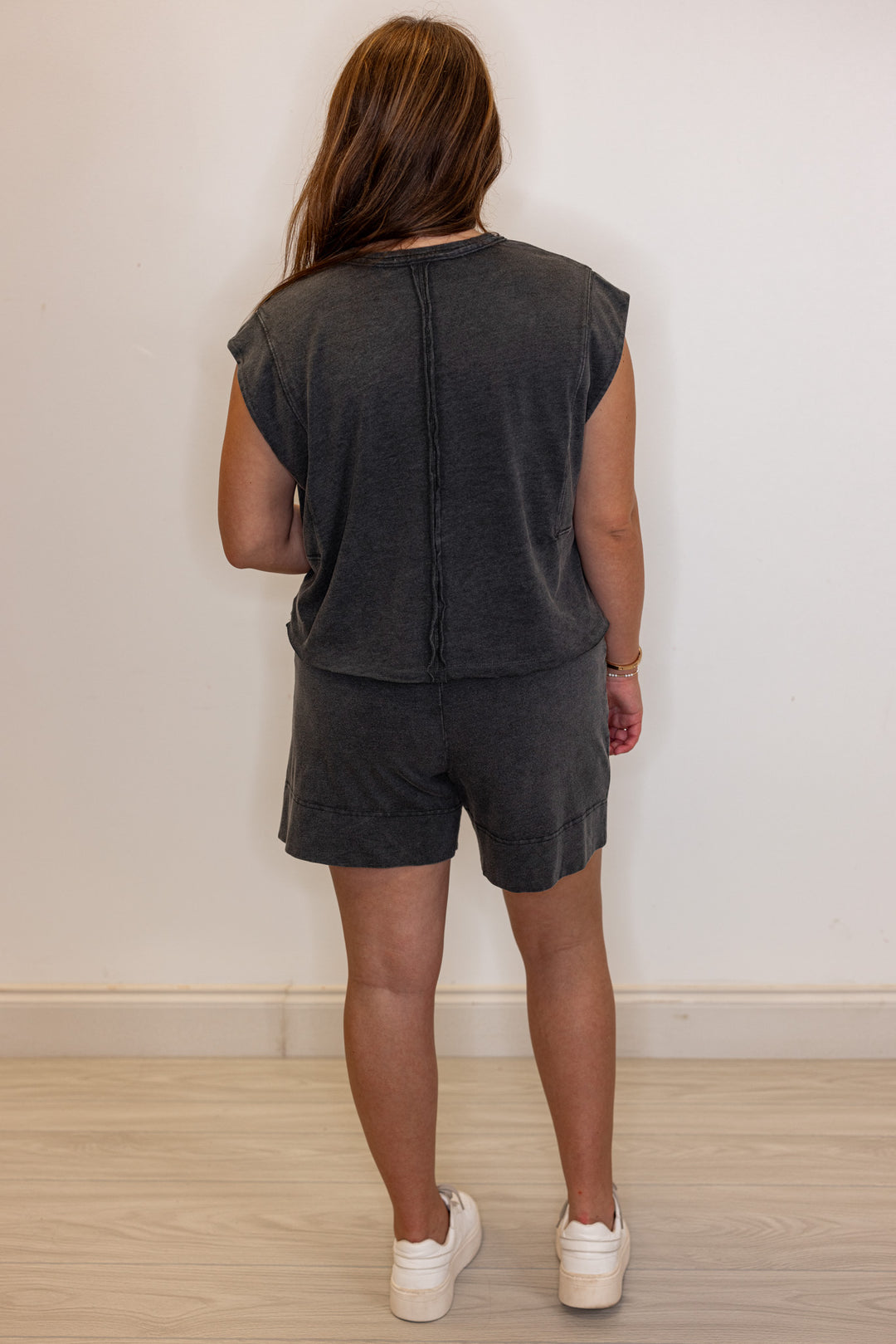 Women's mineral washed black knit shorts by Rae Mode showing full front view showing back view