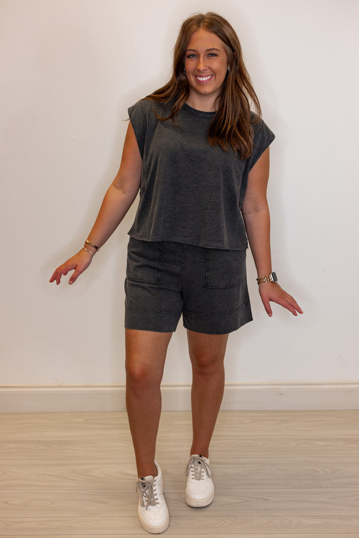 Women's mineral washed black knit shorts by Rae Mode showing relaxed fit