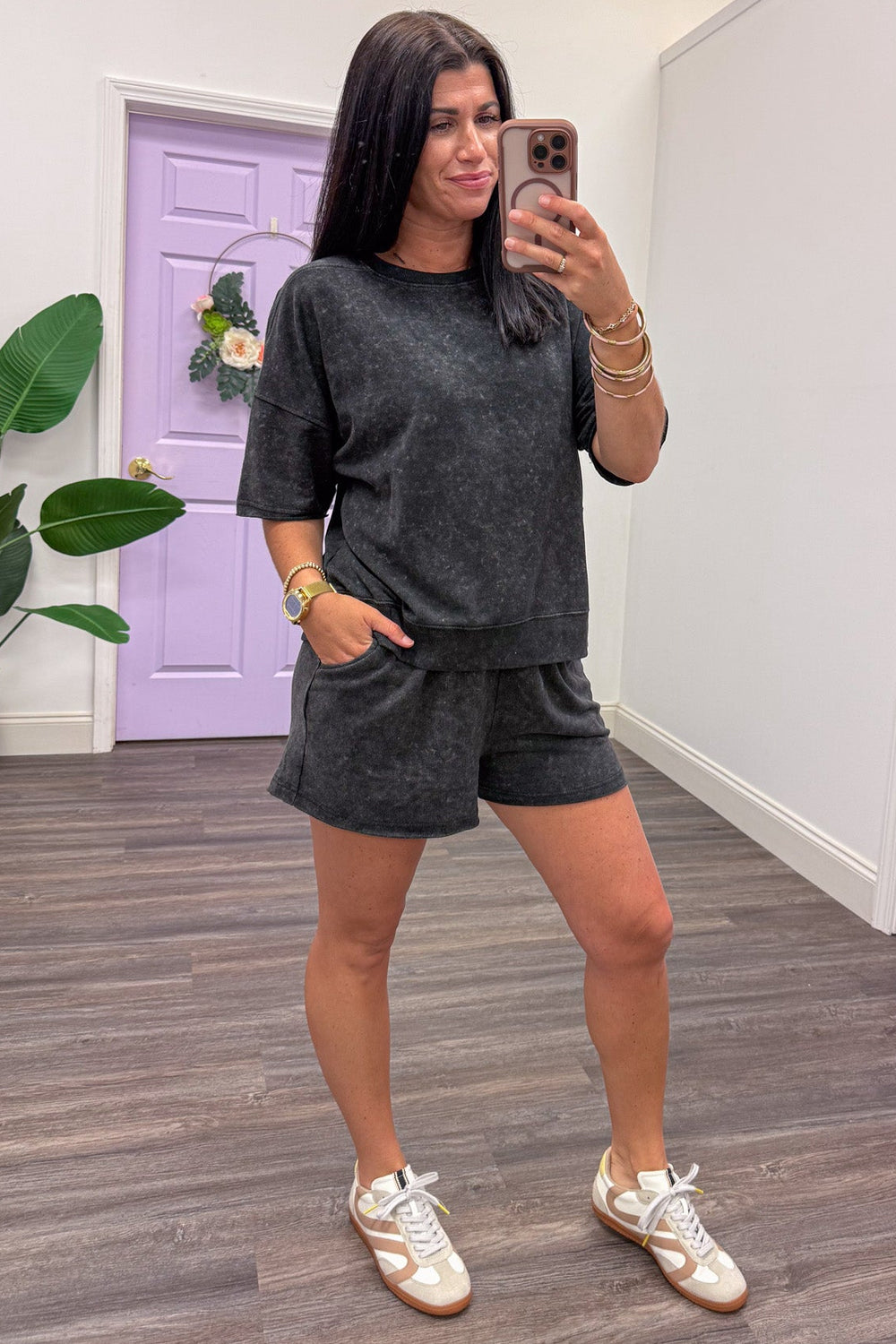 mineral washed solid black terry knit athleisure top and shorts set