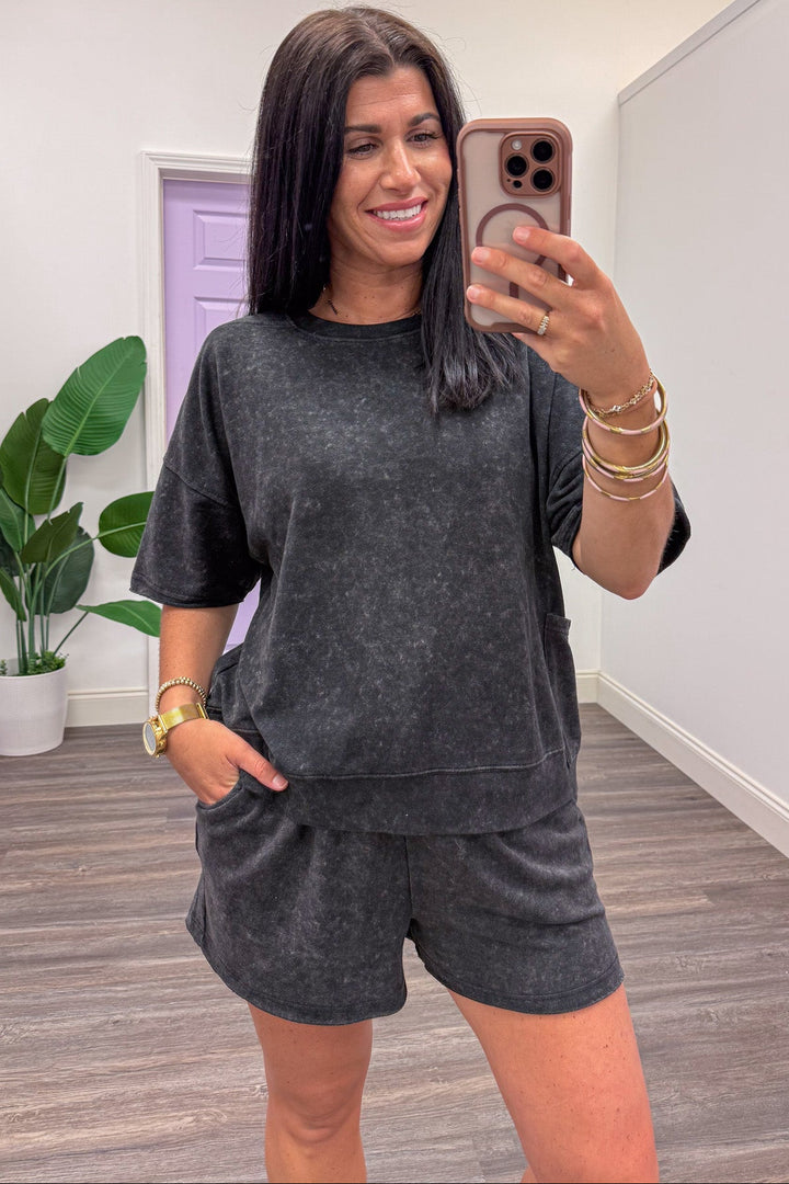 mineral washed solid black terry knit set with short sleeve top