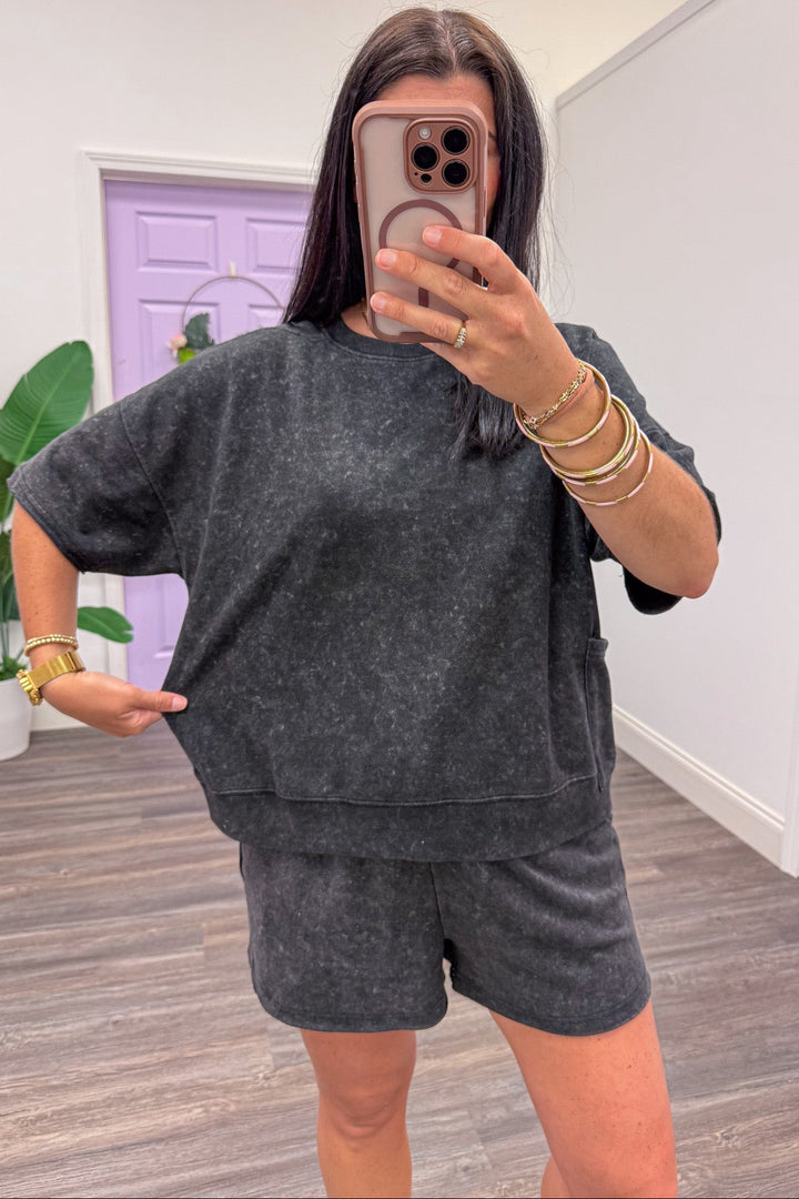 mineral washed solid black terry knit set with relaxed silhouette top