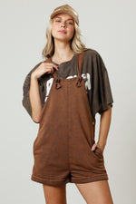 Fantastic Fawn Mineral washed brown french terry knit overall shorts