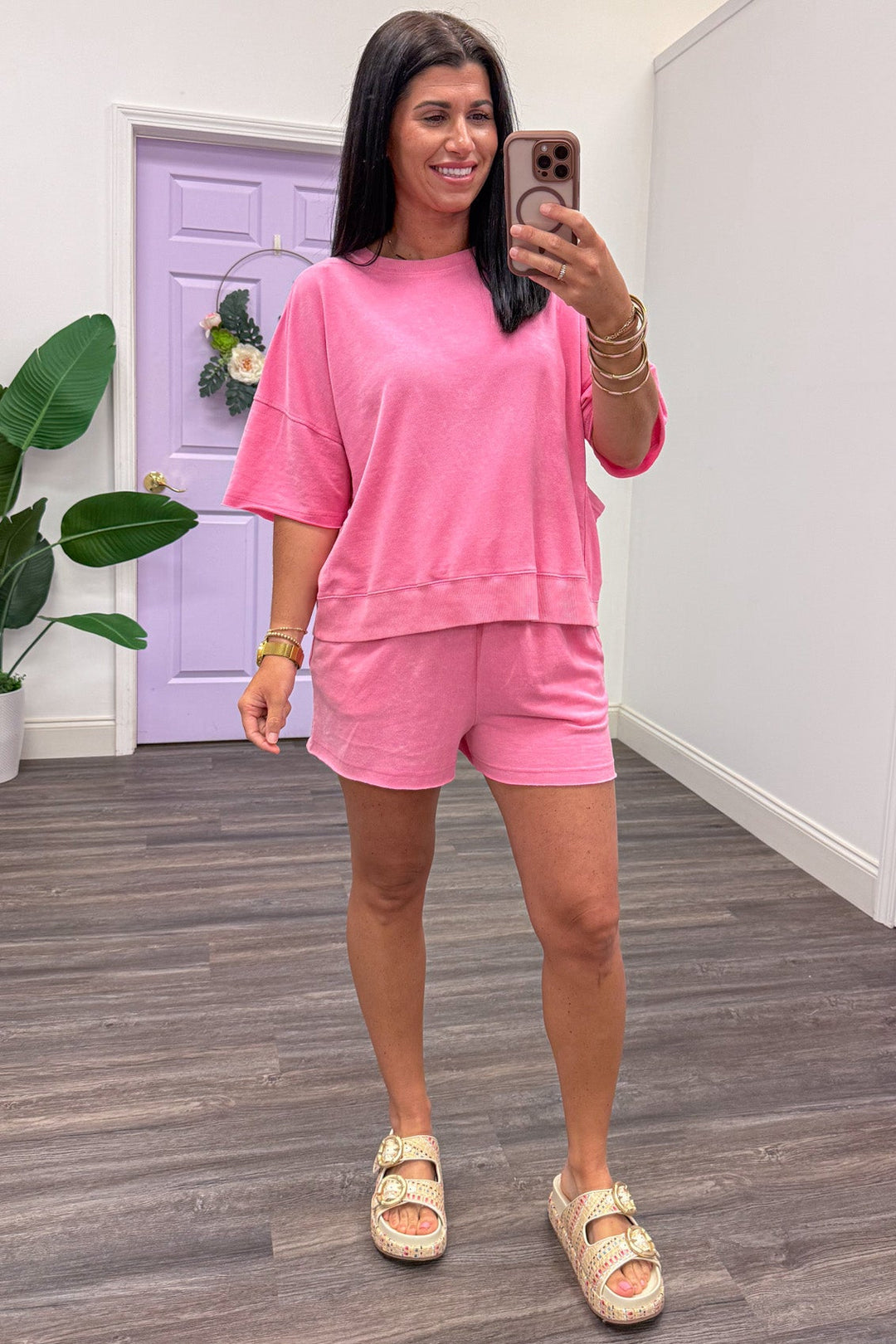 mineral washed solid pink terry knit casual athleisure set
