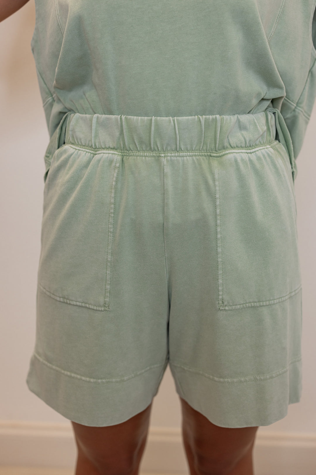 Women's mineral washed mint latte green knit elastic waist shorts by Rae Mode showing up close front view