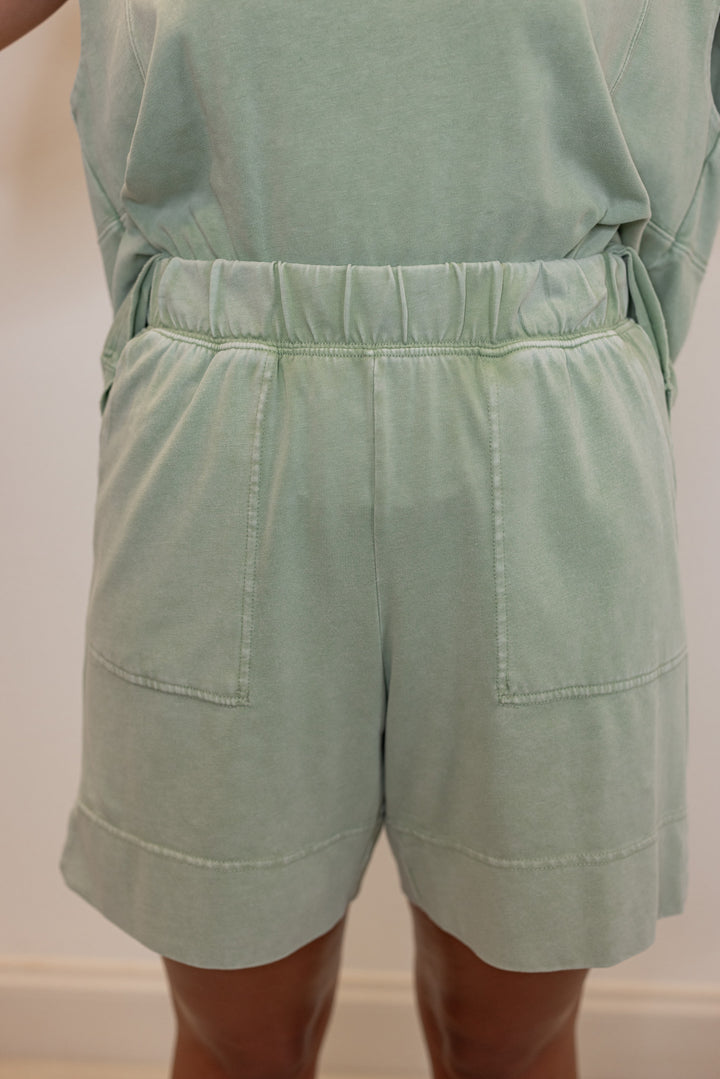 Women's mineral washed mint latte green knit elastic waist shorts by Rae Mode showing up close front view