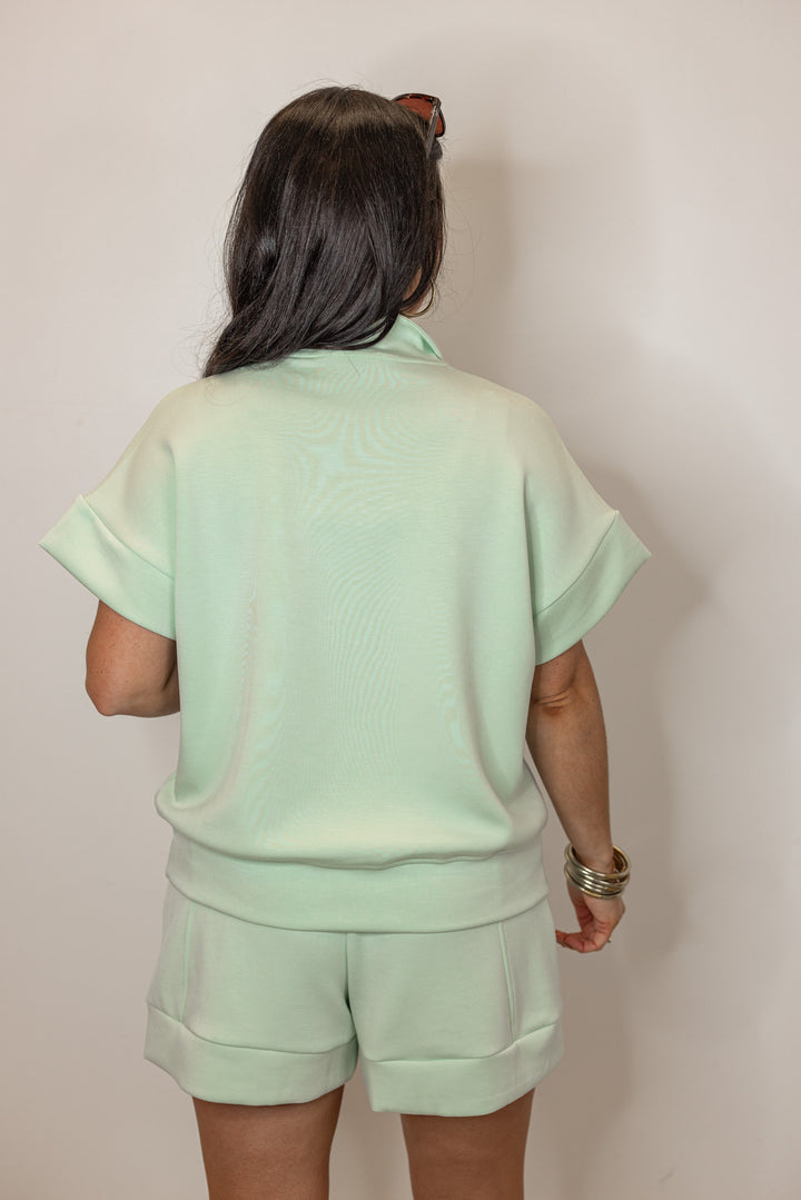 mint green scuba knit quarter zip top