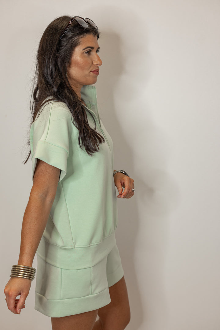 mint green scuba knit quarter zip top