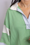 mint green color block collared pullover