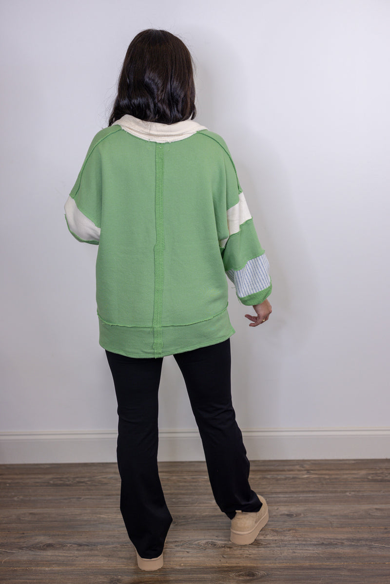 mint green color block collared pullover