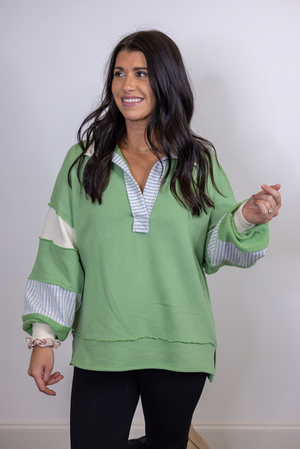 mint green color block collared pullover