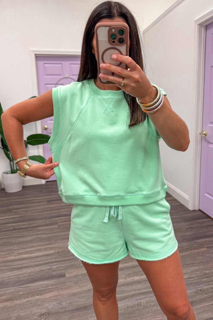mint green semi-cropped muscle tank top and shorts matching terry knit athleisure set
