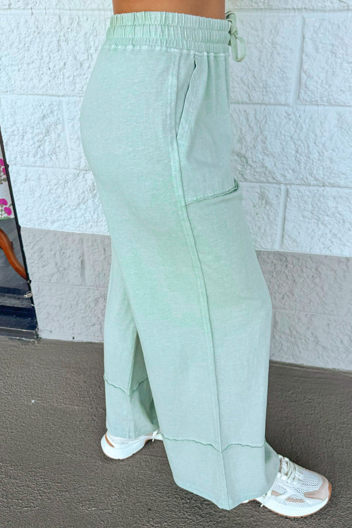 washed mint latte green top and front pocket pants matching knit loungewear set