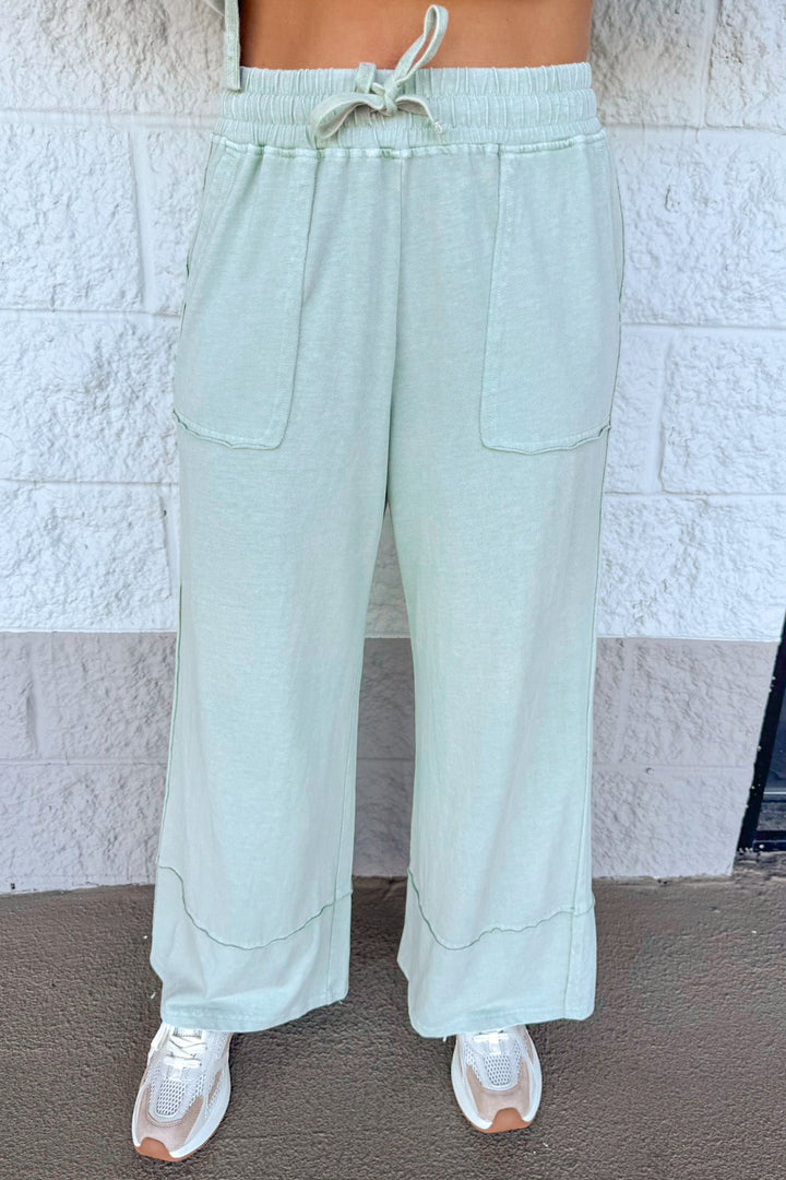washed mint latte green top and drawstring pants matching knit loungewear set