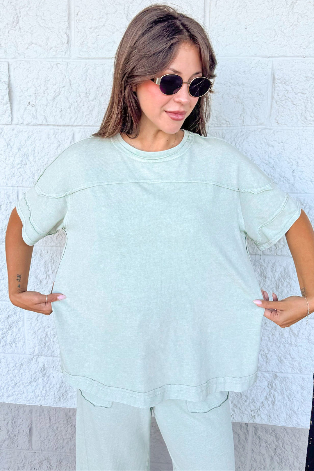 washed mint latte green relaxed silhouette top and pants matching knit loungewear set