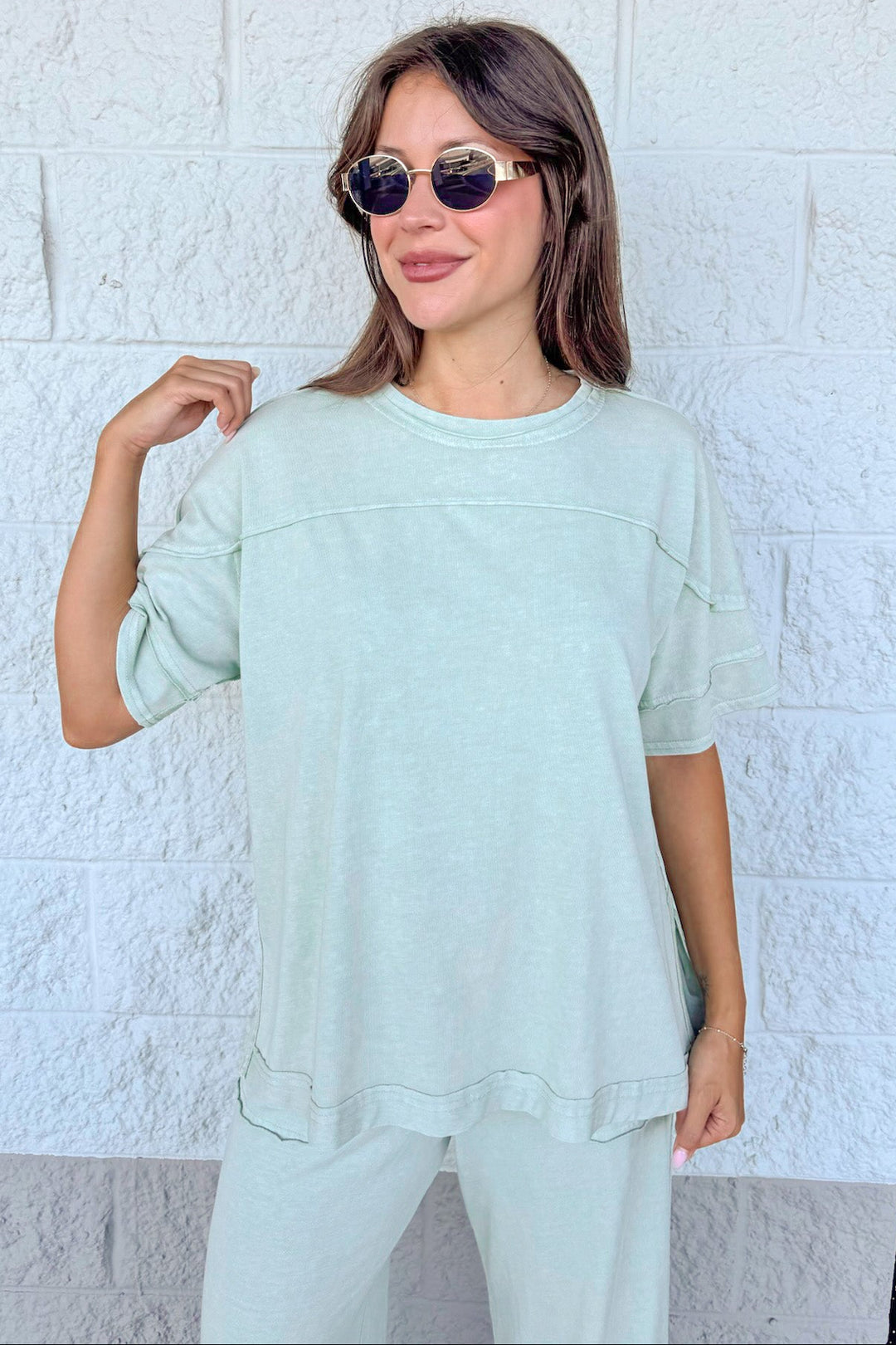 washed mint latte green crew neckline top and pants matching knit loungewear set