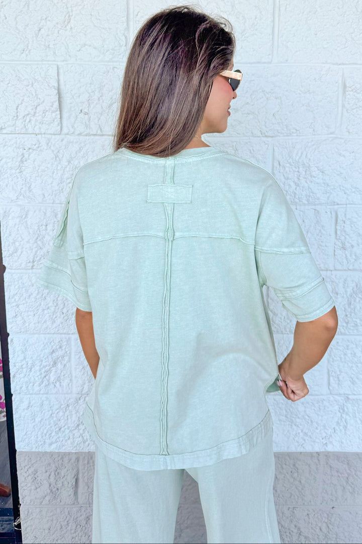 washed mint latte green stitched patch detail top and pants matching knit loungewear set