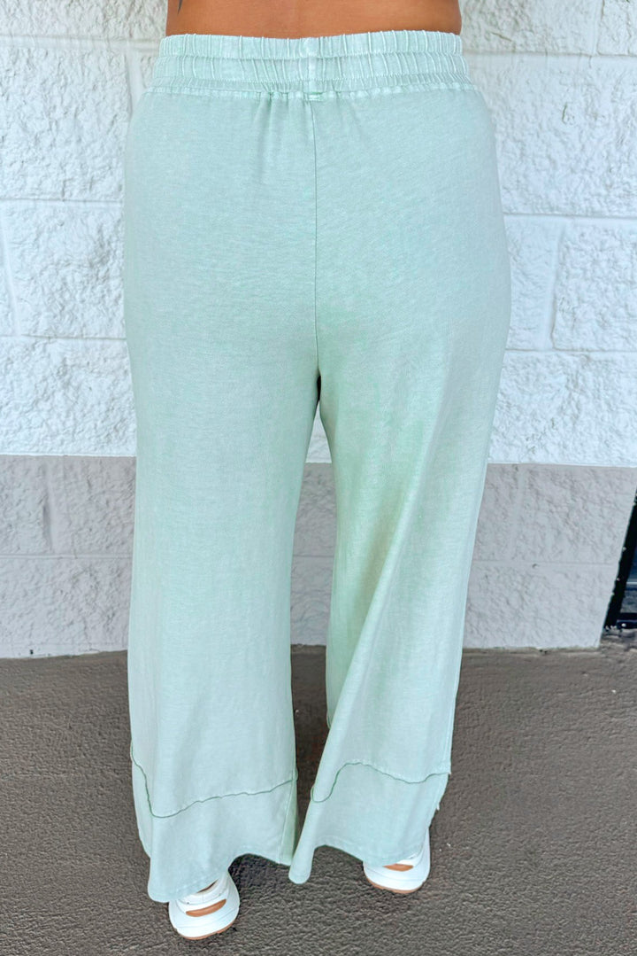 washed mint latte green top and elastic waist pants matching knit loungewear set