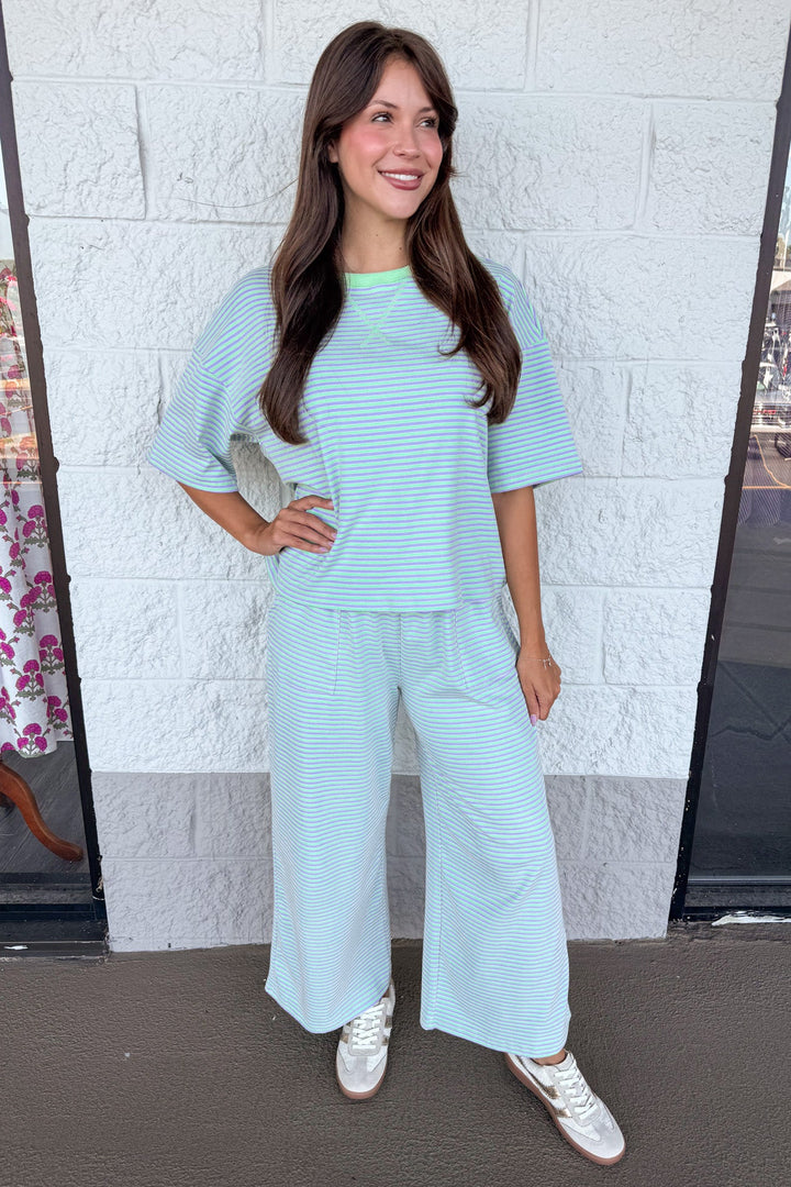 mint green and lilac striped v stitch detail top and pants matching knit loungewear set