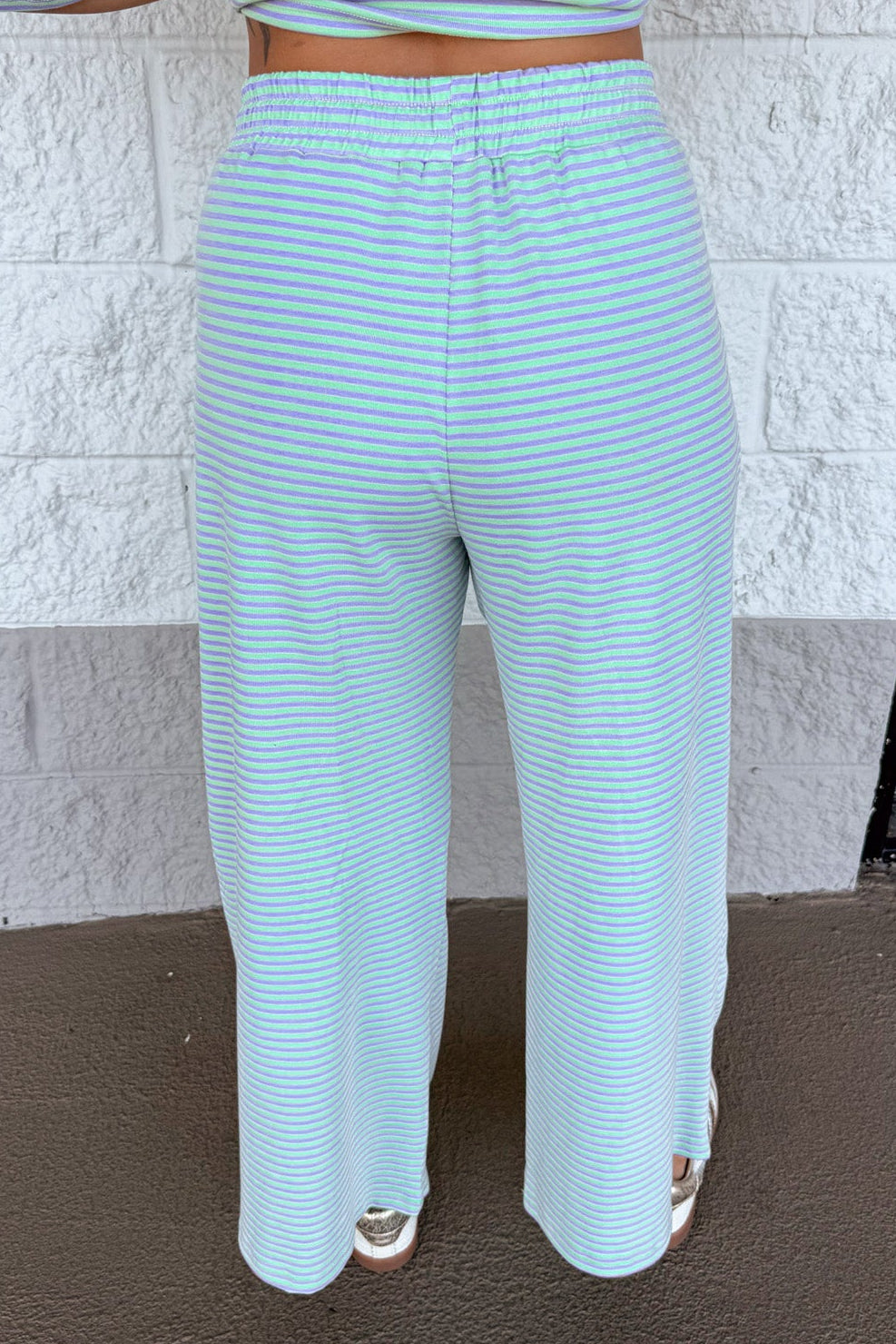 mint green and lilac striped top and wide leg pants matching knit loungewear set