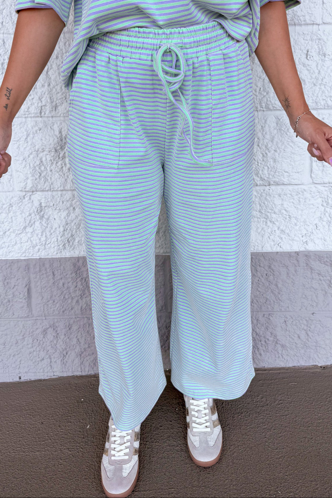 mint green and lilac striped top and drawstring pants matching knit loungewear set