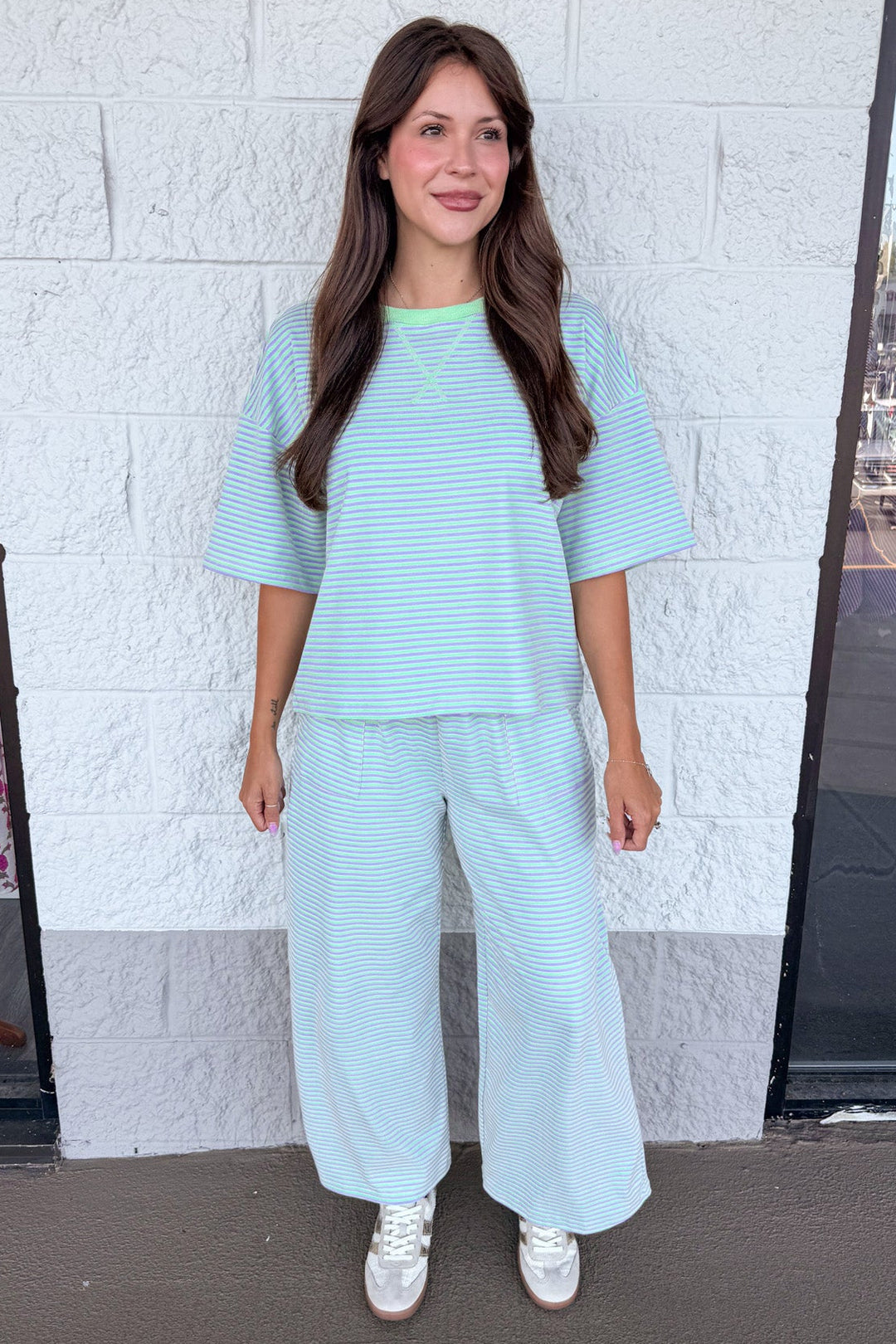 mint green and lilac striped top and pants matching knit loungewear set