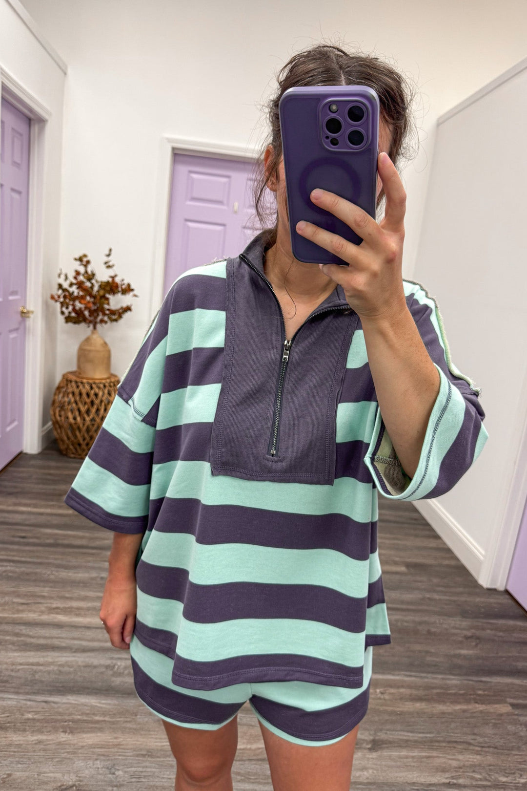 mint navy striped matching set