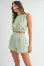 Mable Light mint green shorts and crop top set in textured fabric