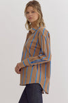 Entro Mocha button down top with blue ribbon stripes throughout