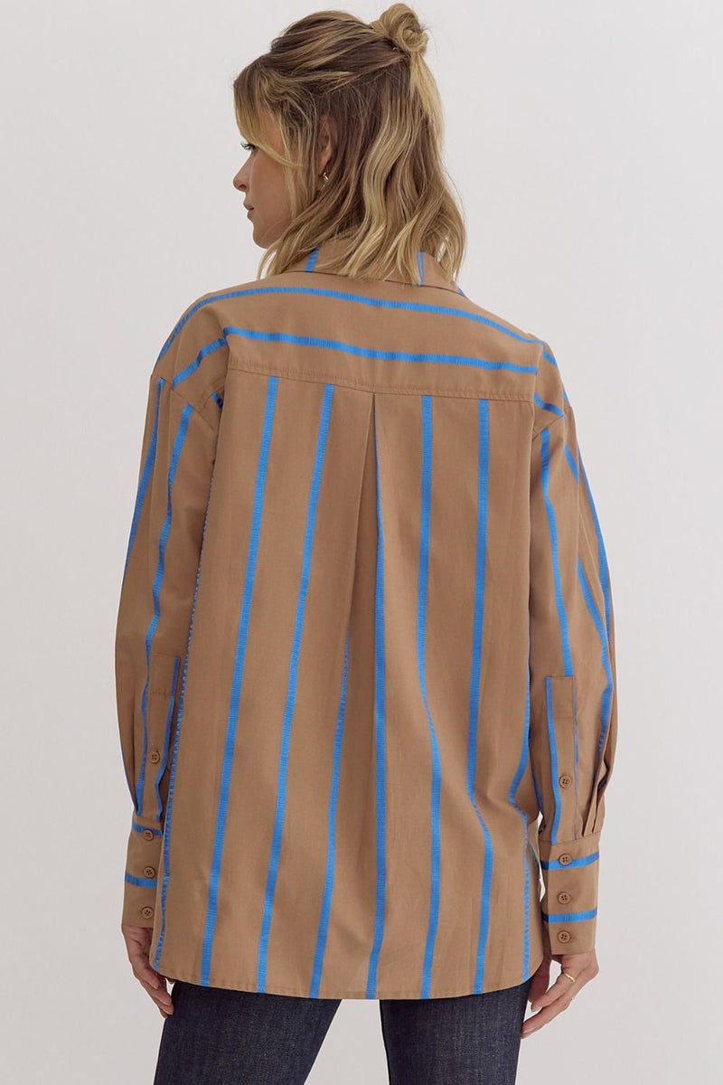 Entro Mocha button down top with blue ribbon stripes throughout