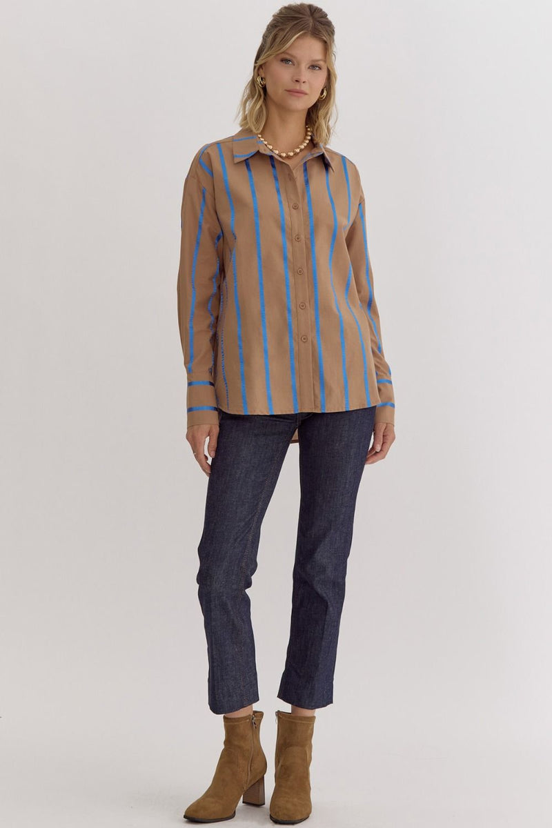 Entro Mocha button down top with blue ribbon stripes throughout